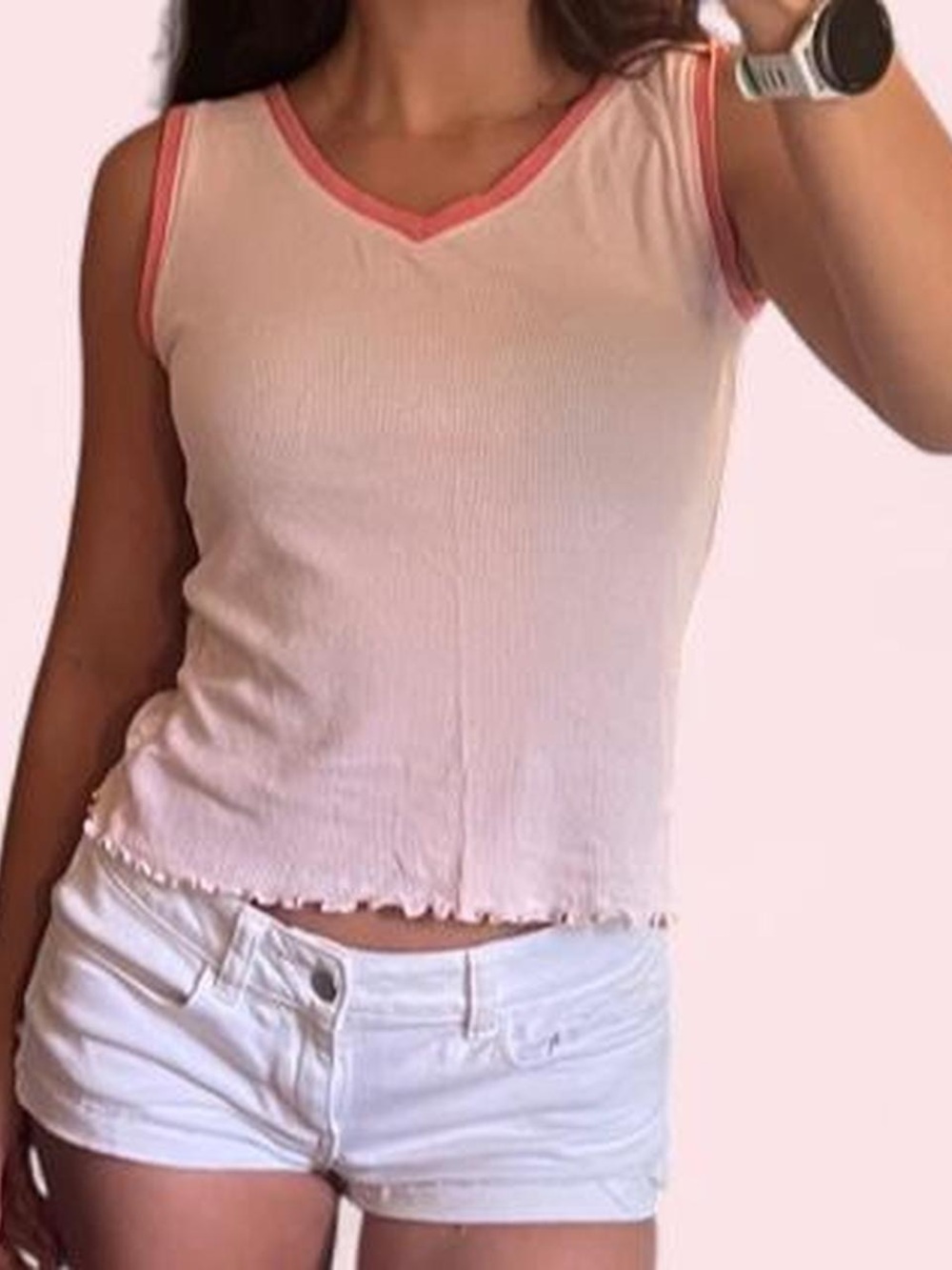 GAP Light Pink Ribbed V-Neck Tank with Coral Trim